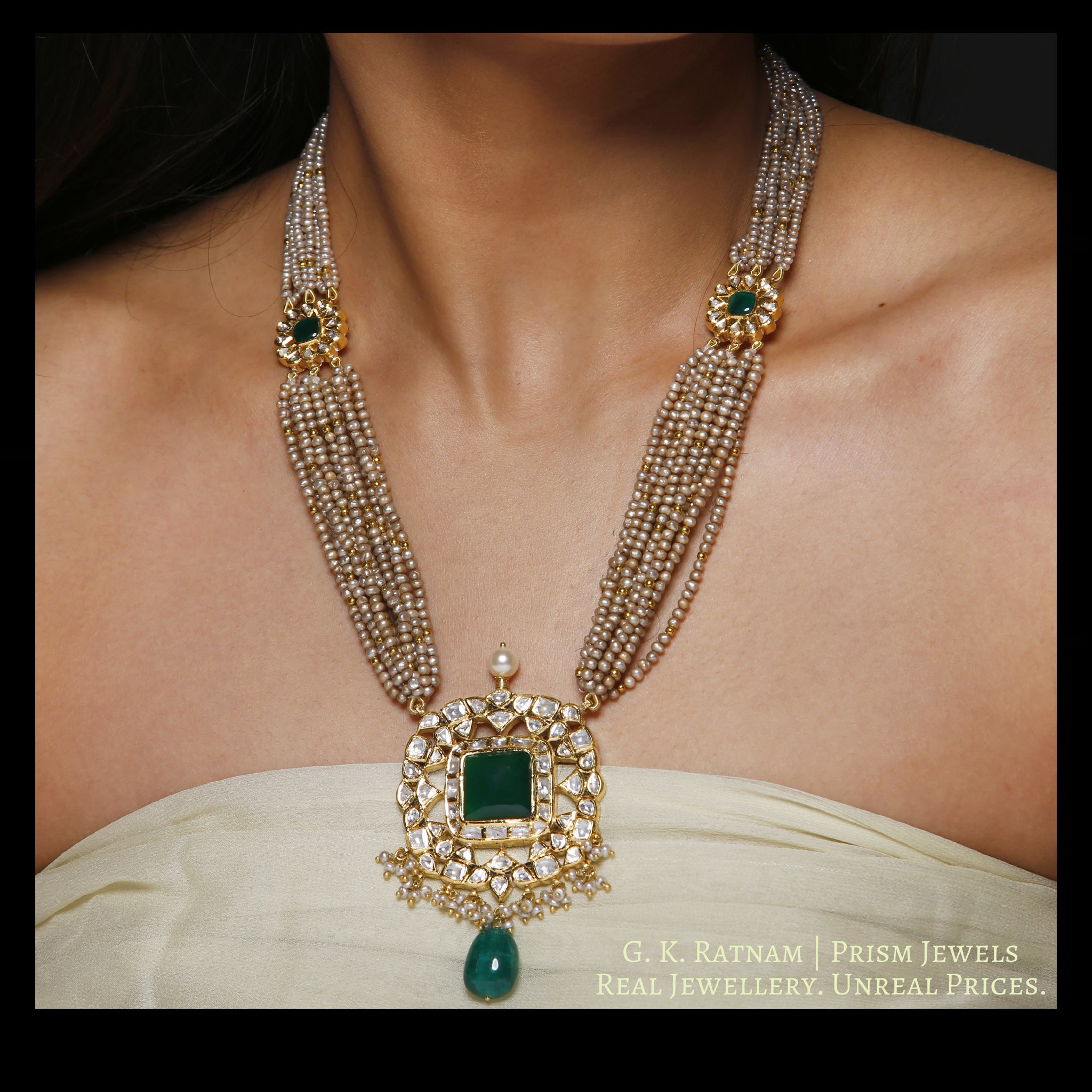Traditional Gold and Diamond Polki Pendant strung with Antiqued Hyderabadi Pearls