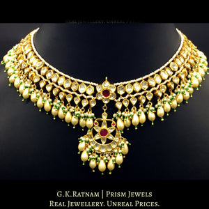 22k Gold and Diamond Polki Matha Patti enhanced with elongated pearls and a hint of green - G. K. Ratnam