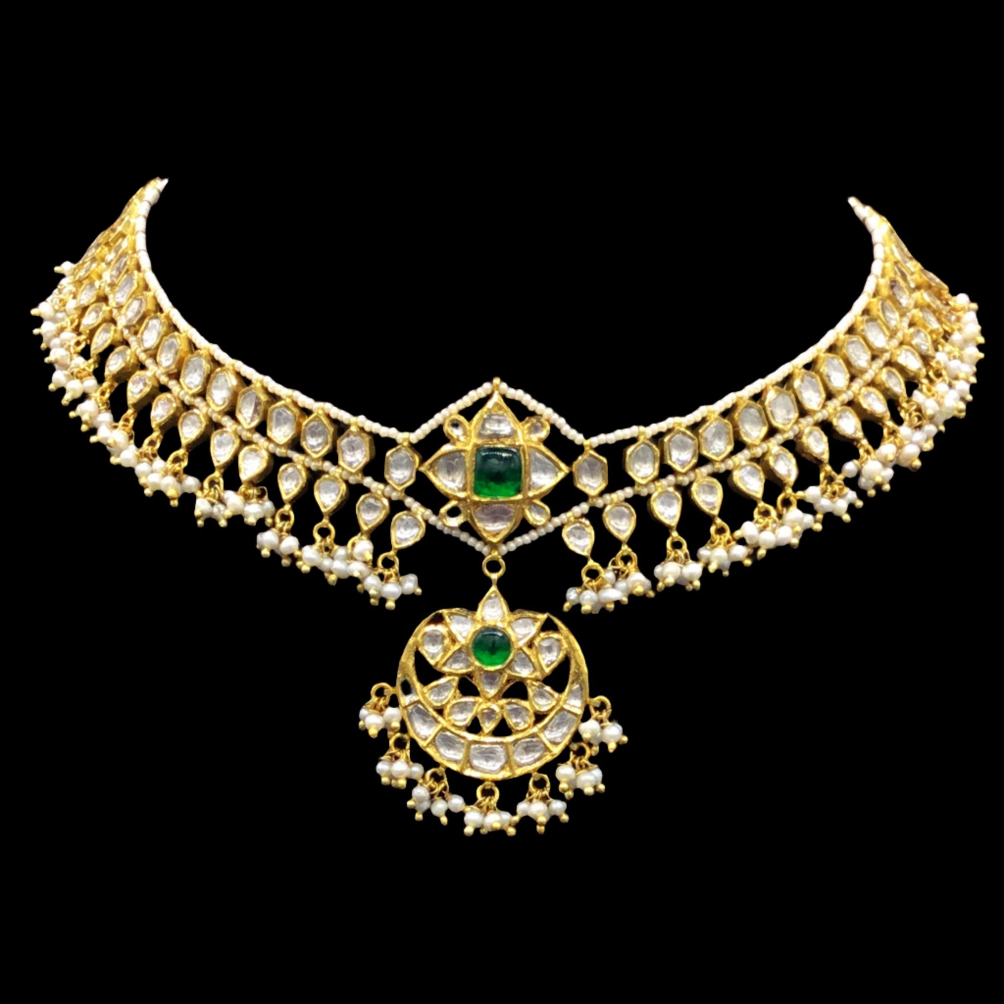 18k Gold and Diamond Polki Matha Patti with Natural Hyderabadi Pearls - G. K. Ratnam
