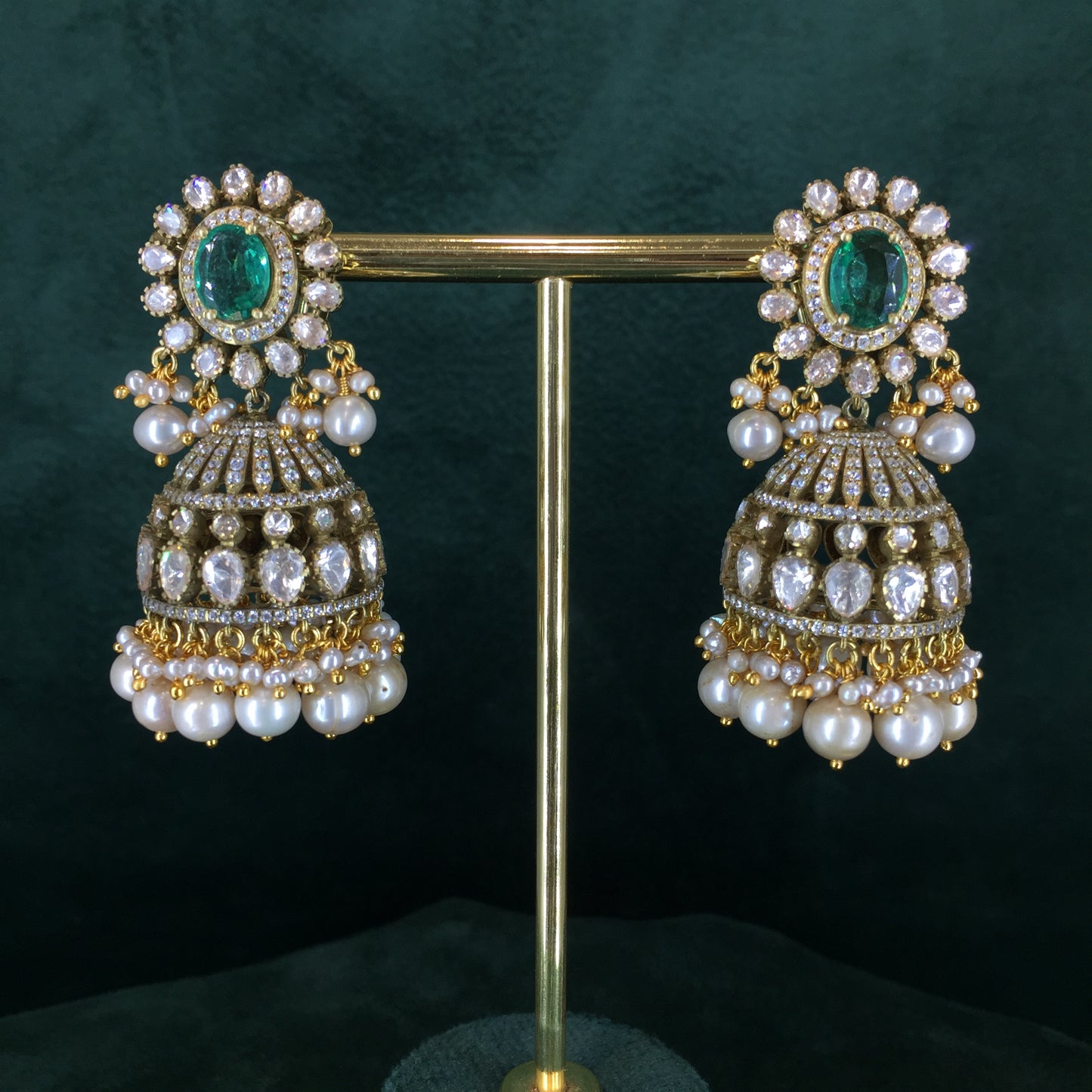 925 Silver And Moissanite Polki Jhumki Earrings With Pearls And Lab Grown Emerald - G. K. Ratnam
