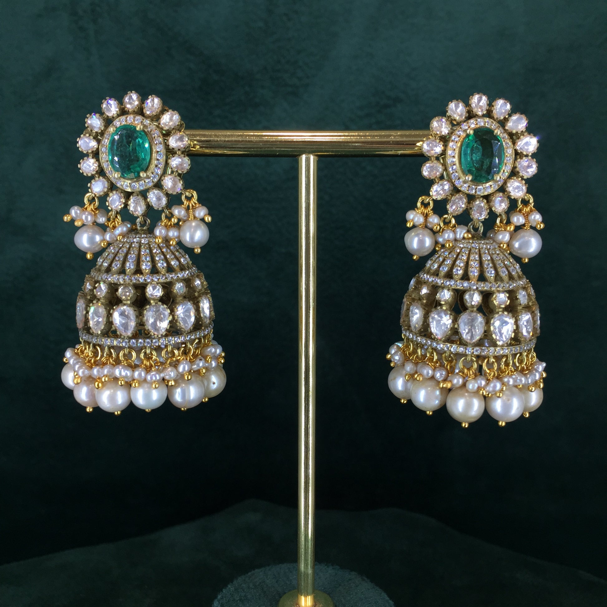 925 Silver And Moissanite Polki Jhumki Earrings With Pearls And Lab Grown Emerald - G. K. Ratnam