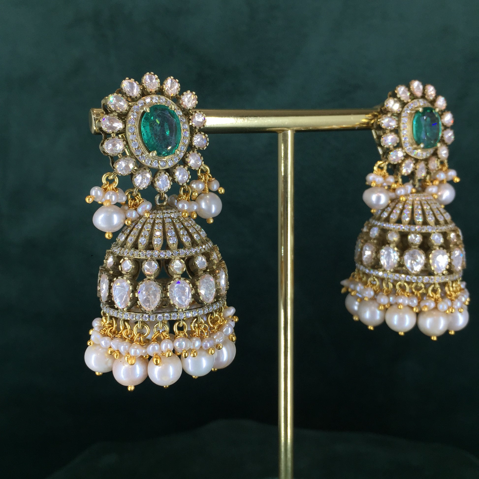 925 Silver And Moissanite Polki Jhumki Earrings With Pearls And Lab Grown Emerald - G. K. Ratnam