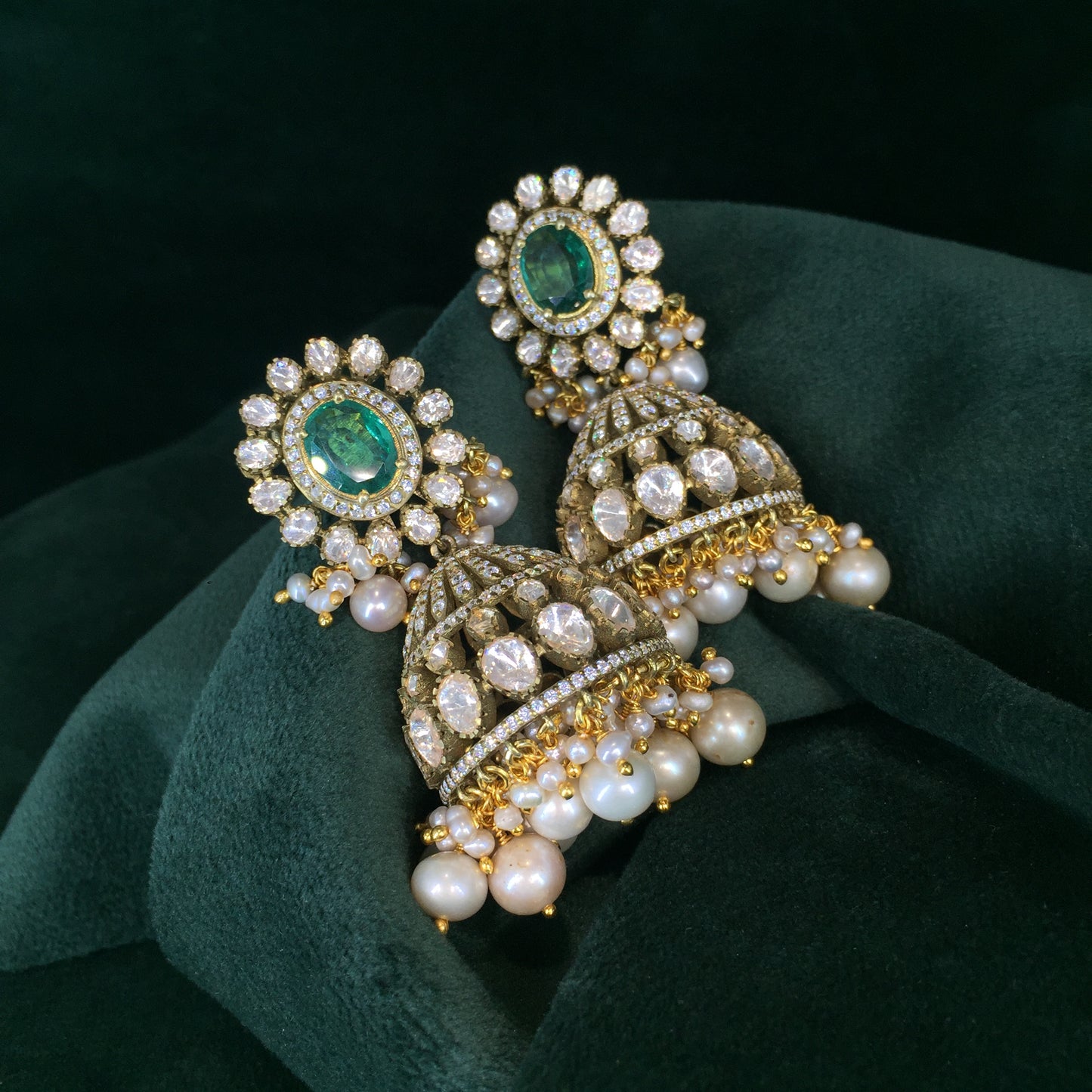 925 Silver And Moissanite Polki Jhumki Earrings With Pearls And Lab Grown Emerald - G. K. Ratnam