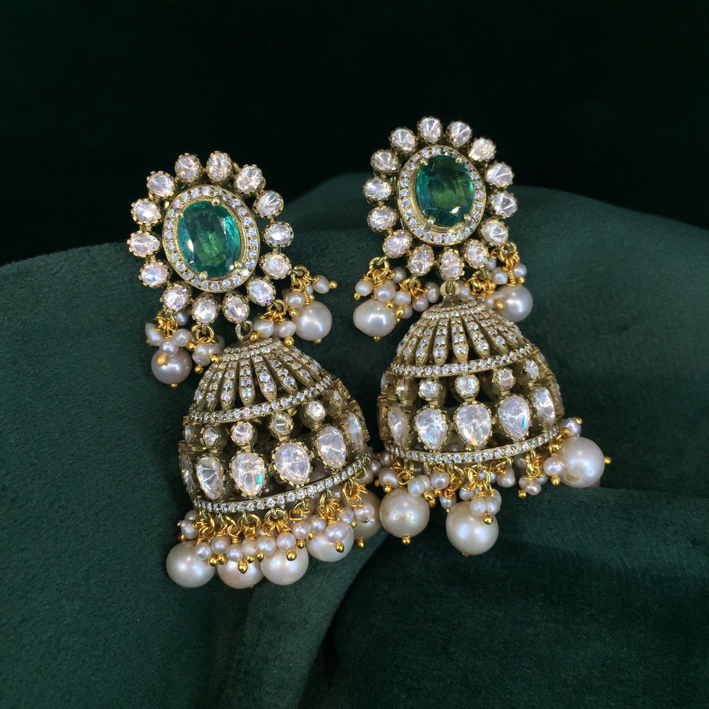 925 Silver And Moissanite Polki Jhumki Earrings With Pearls And Lab Grown Emerald - G. K. Ratnam