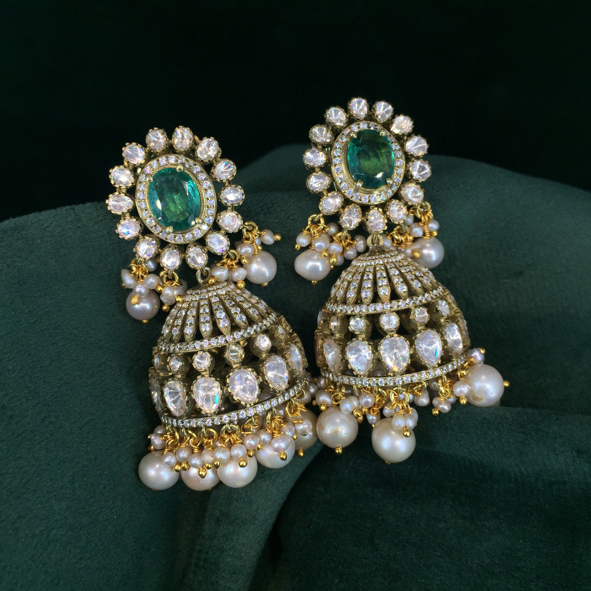 925 Silver And Moissanite Polki Jhumki Earrings With Pearls And Lab Grown Emerald - G. K. Ratnam