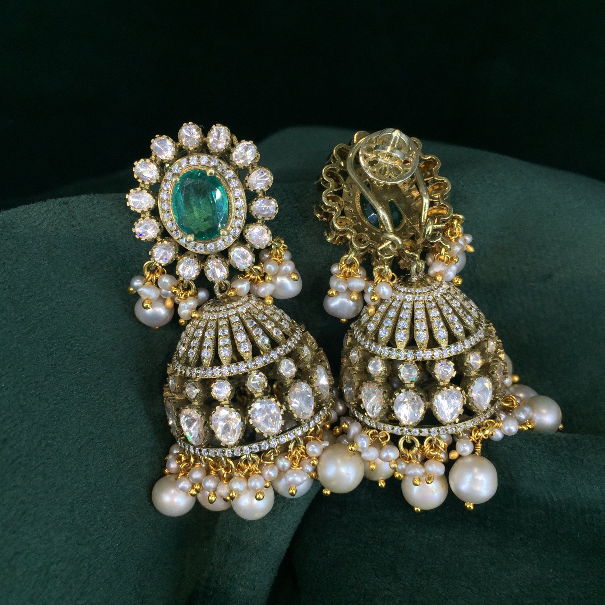 925 Silver And Moissanite Polki Jhumki Earrings With Pearls And Lab Grown Emerald - G. K. Ratnam