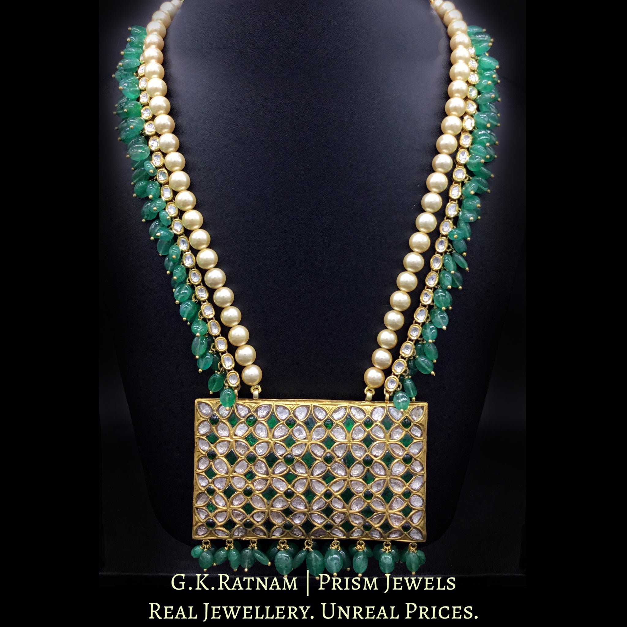 18k Gold and Diamond Polki rectangle green Pendant with uncut lines enhanced by emerald-grade beryls