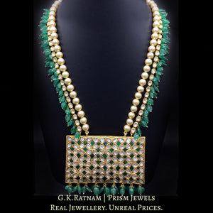 18k Gold and Diamond Polki rectangle green Pendant with uncut lines enhanced by emerald-grade beryls