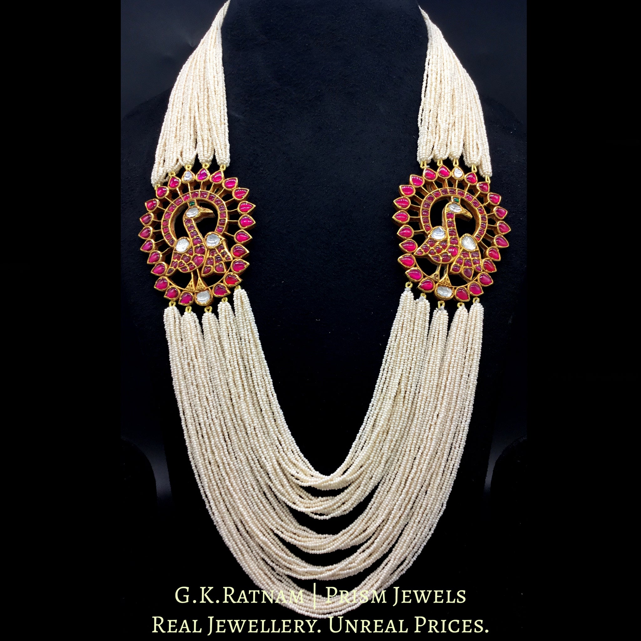 22k Gold and Diamond Polki Peacock Broach Necklace with Rubies and Chid Pearls