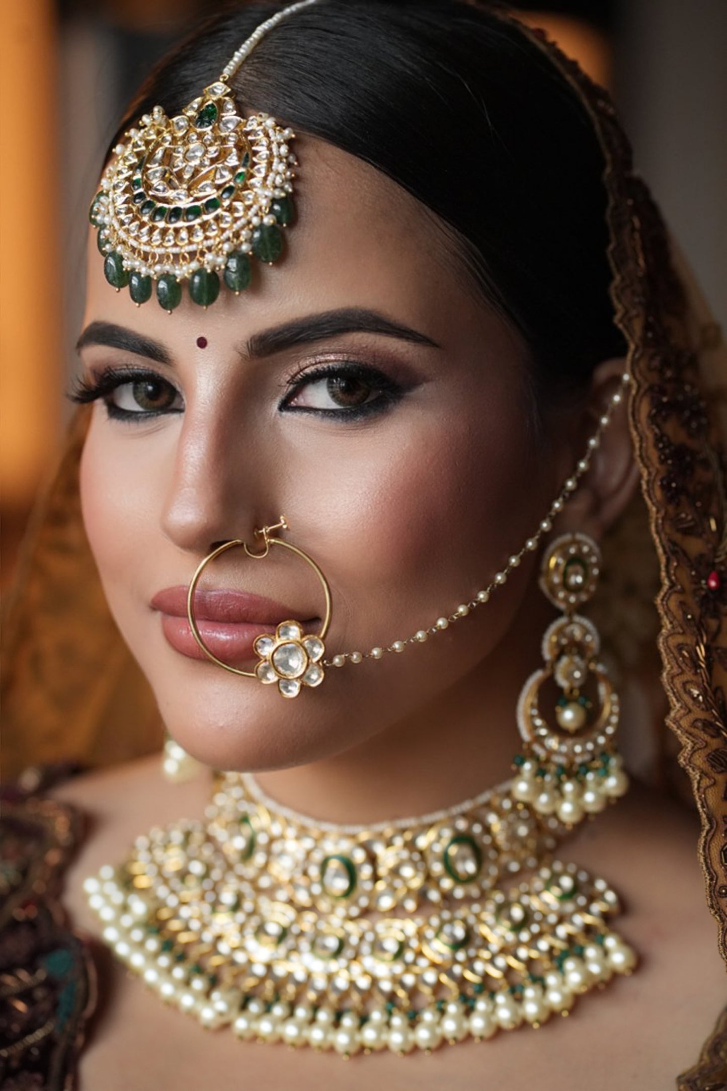 18k Gold and Diamond Polki Maang Tika with Natural Freshwater Pearls and Strawberry Quartz - G. K. Ratnam