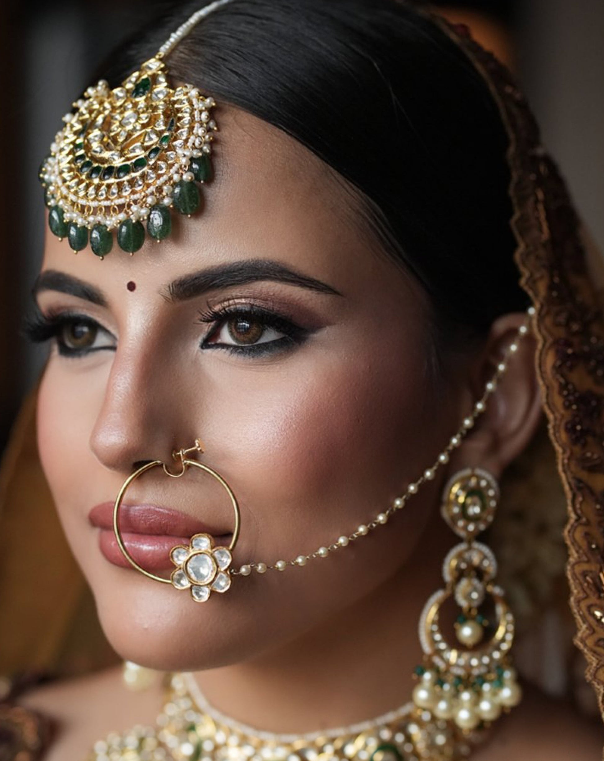 18k Gold and Diamond Polki floral Nose Ring with pearl chain support - G. K. Ratnam