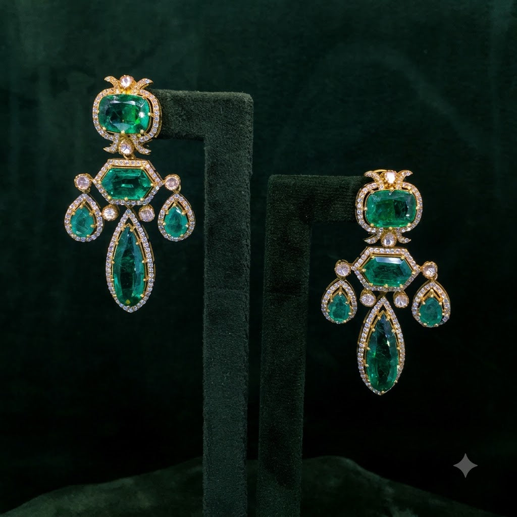 925 Silver Long Earring Pair with lab-grown Emeralds