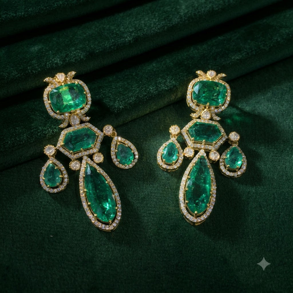 925 Silver Long Earring Pair with lab-grown Emeralds