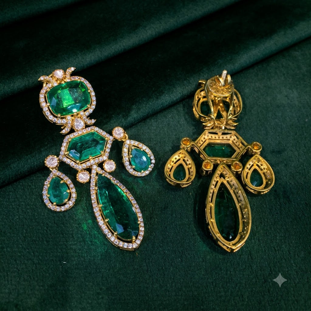 925 Silver Long Earring Pair with lab-grown Emeralds