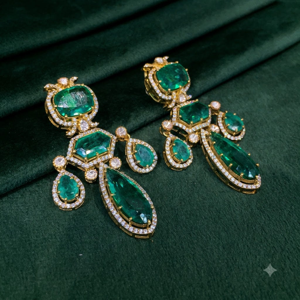 925 Silver Long Earring Pair with lab-grown Emeralds
