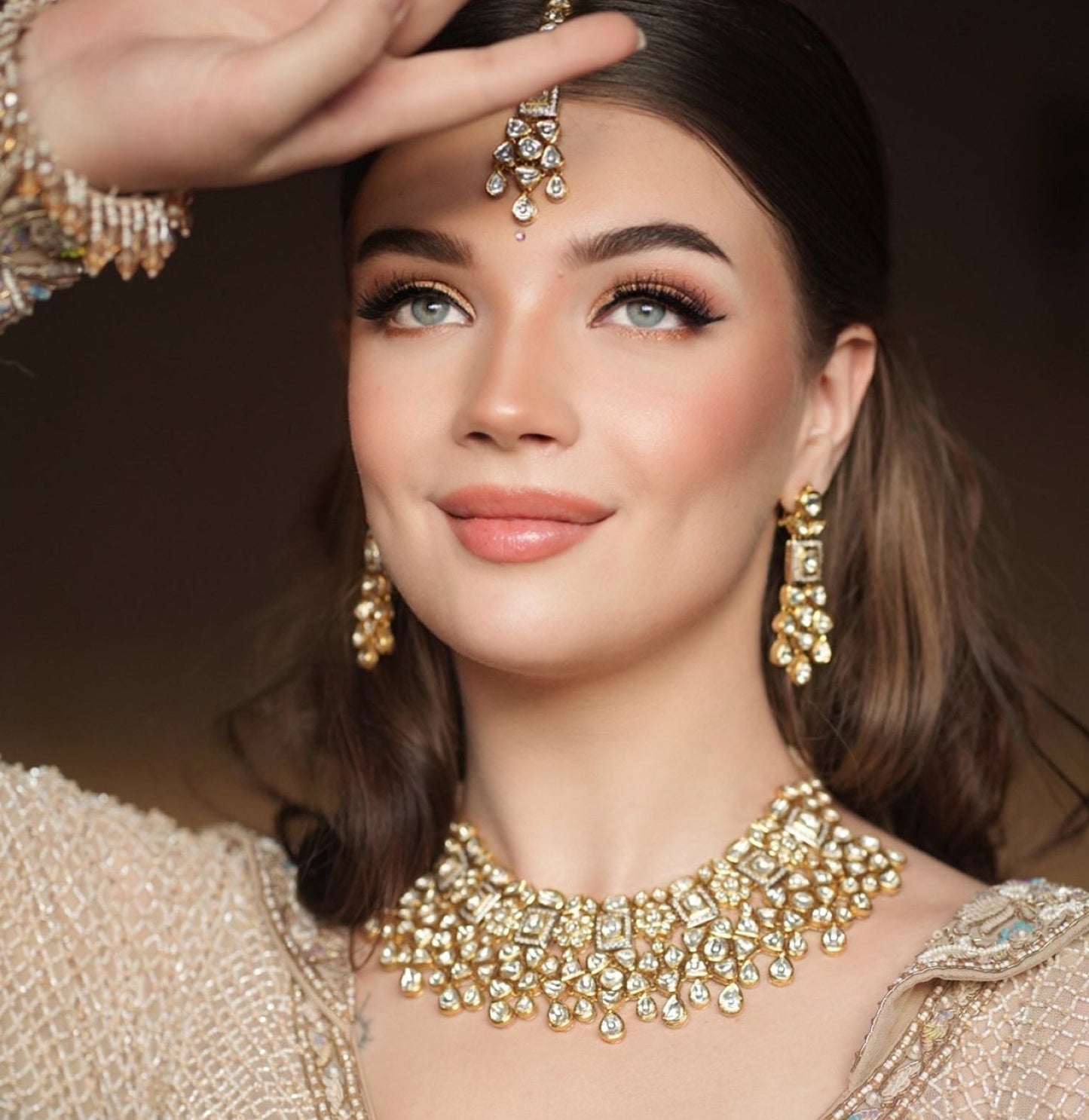 14k Gold and Diamond Polki Fusion Necklace Set With Maang Tika and Ring
