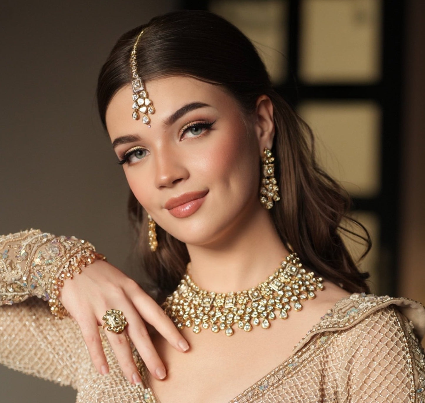 14k Gold and Diamond Polki Fusion Necklace Set With Maang Tika and Ring