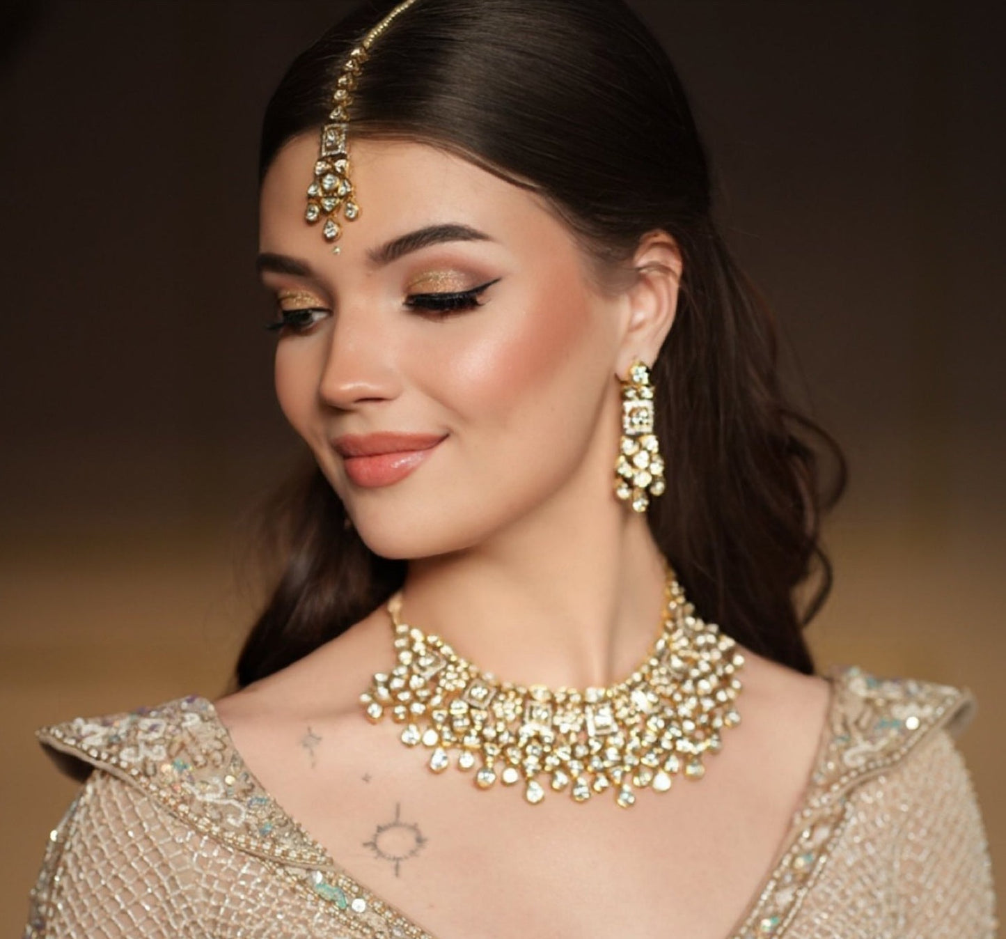 14k Gold and Diamond Polki Fusion Necklace Set With Maang Tika and Ring