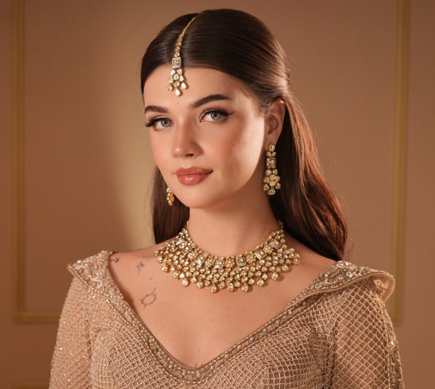 14k Gold and Diamond Polki Fusion Necklace Set With Maang Tika and Ring