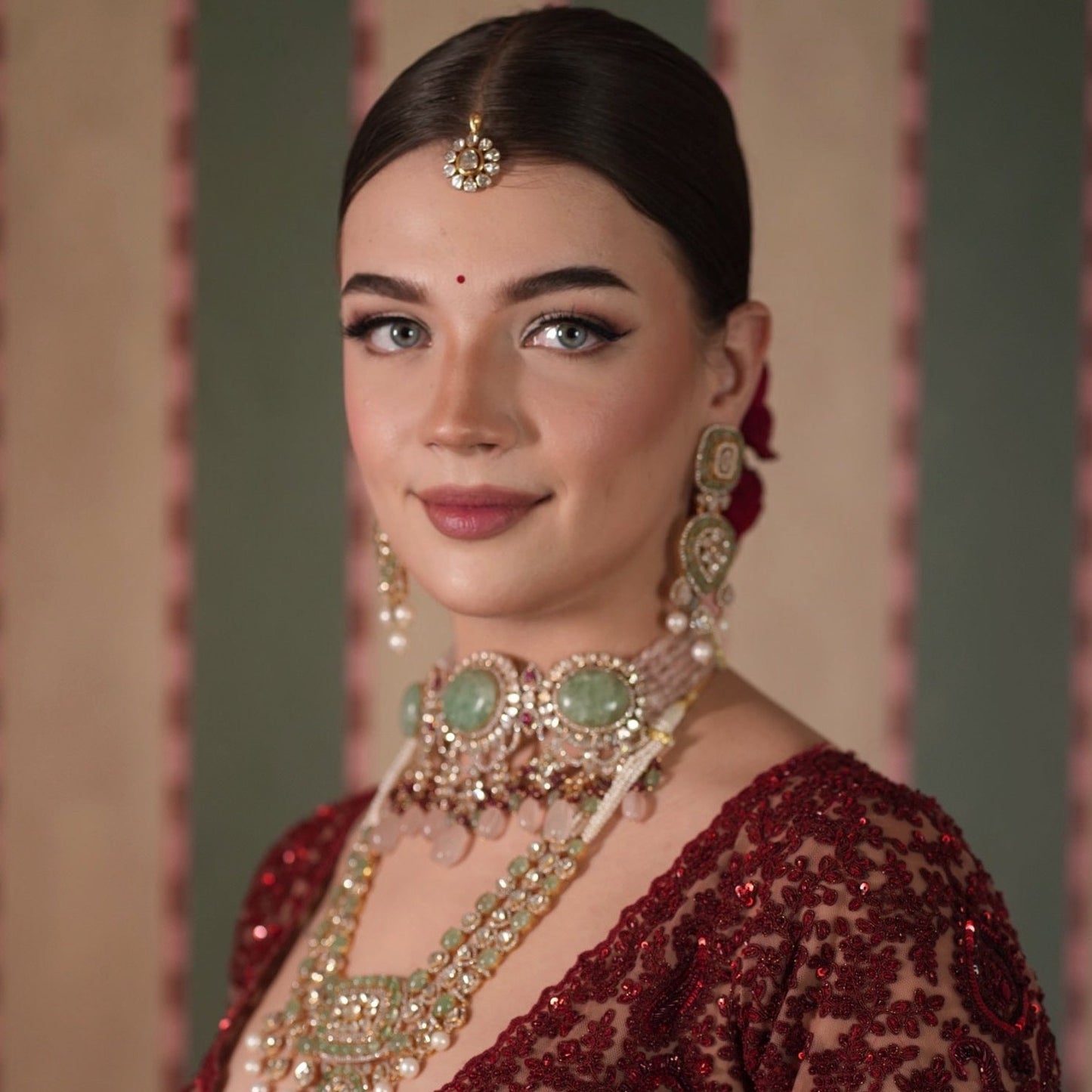 18k Gold and Diamond Polki Open Setting Necklace Set with Strawberry Quartz and Rose Quartz - G. K. Ratnam