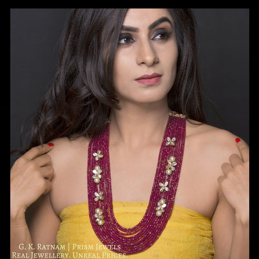 18k Gold and Diamond Polki Open Setting Broach Necklace with flowery pieces strung in ruby cut beads