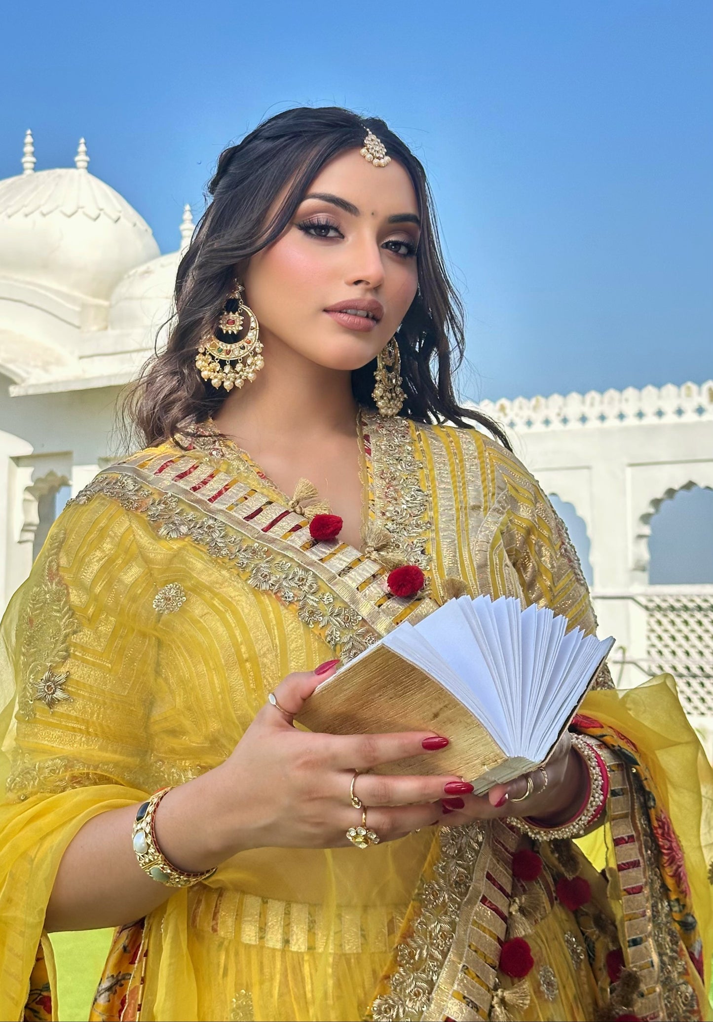 18k Gold and Diamond Polki Navratna Chand Bali Earring Pair strung with lustrous pearls - G. K. Ratnam