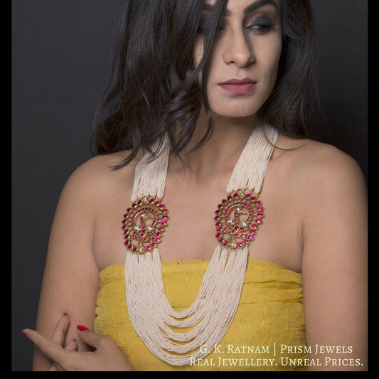 22k Gold and Diamond Polki Peacock Broach Necklace with Rubies and Chid Pearls