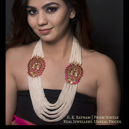 22k Gold and Diamond Polki Peacock Broach Necklace with Rubies and Chid Pearls