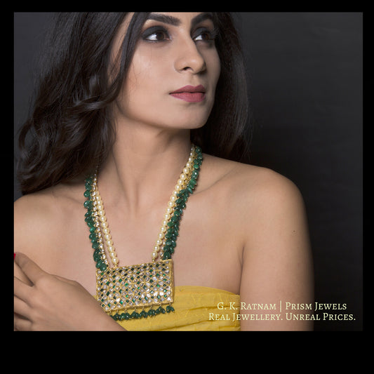 18k Gold and Diamond Polki rectangle green Pendant with uncut lines enhanced by emerald-grade beryls - G. K. Ratnam