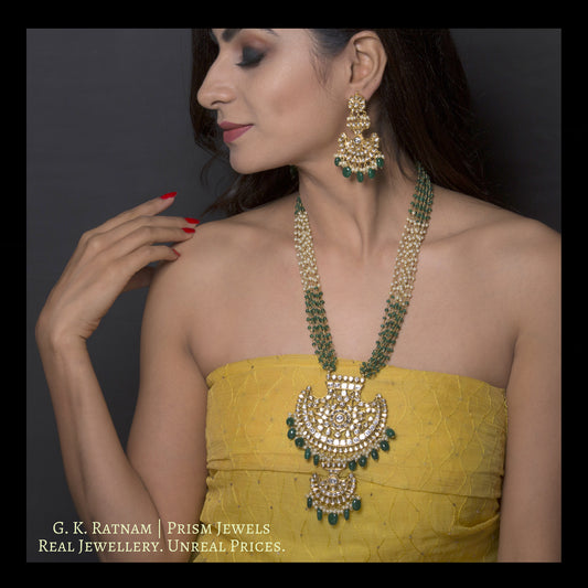 18k Gold and Diamond Polki Pankhi (fan) Pendant Set with beryl and pearl chains