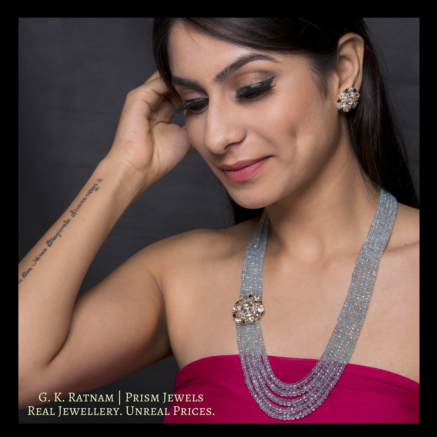 14k Gold and Diamond Polki Open Setting Broach Necklace Set with Aquamarine beads