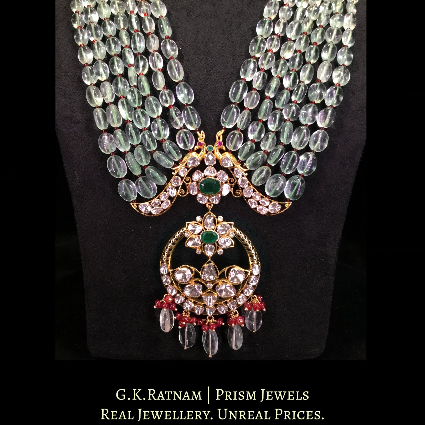 18k Gold and Diamond Polki Open Setting Peacock Pendant with Fluorites