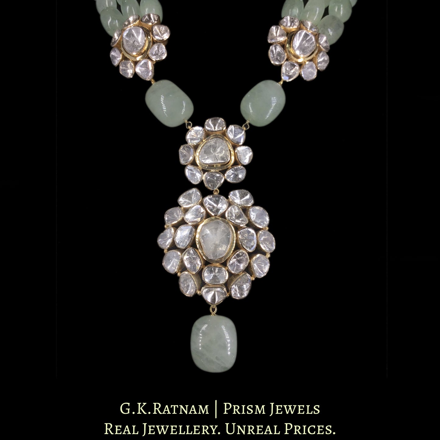 18k Gold and Diamond Polki Open Setting Pendant Set with Natural Russian Emeralds