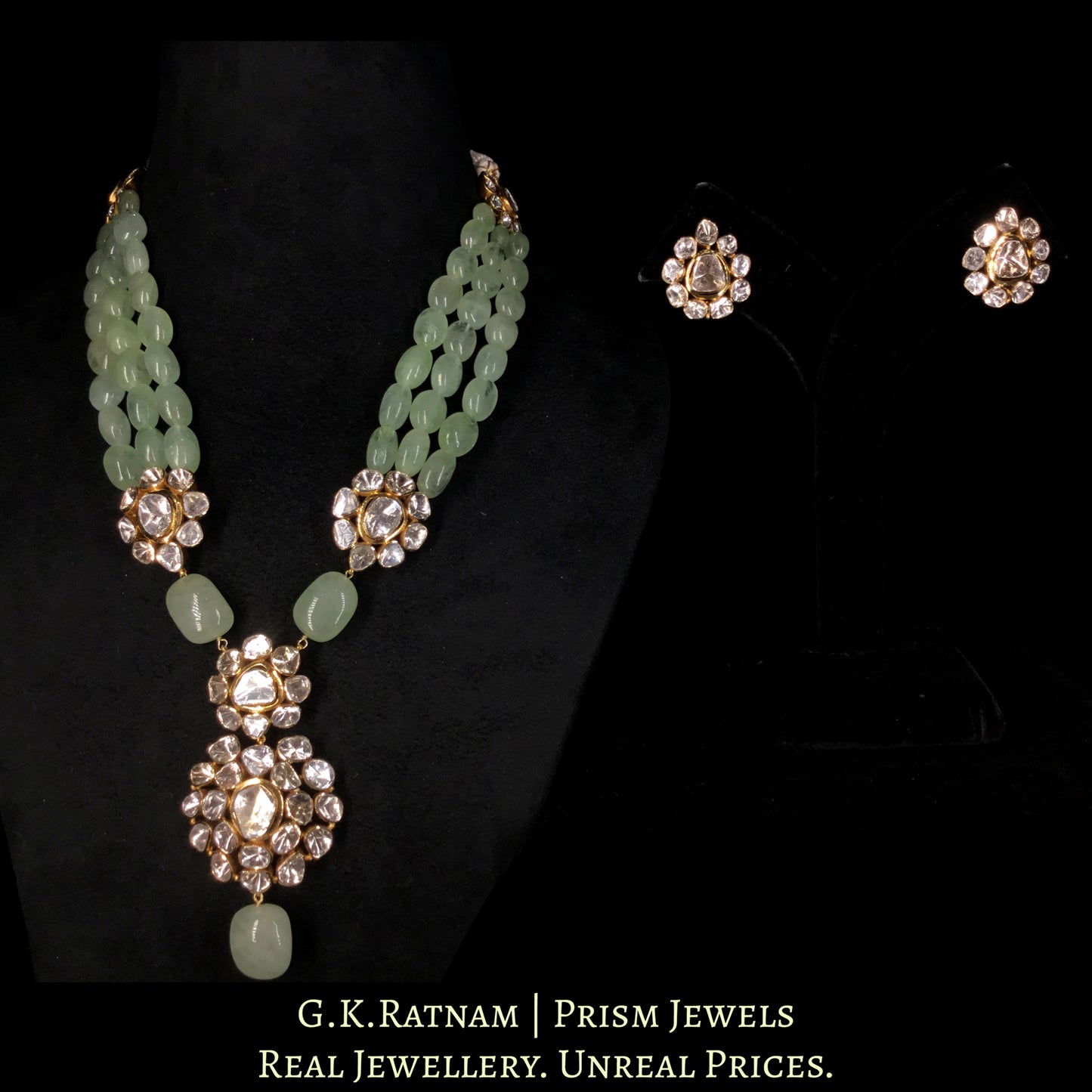 18k Gold and Diamond Polki Open Setting Pendant Set with Natural Russian Emeralds