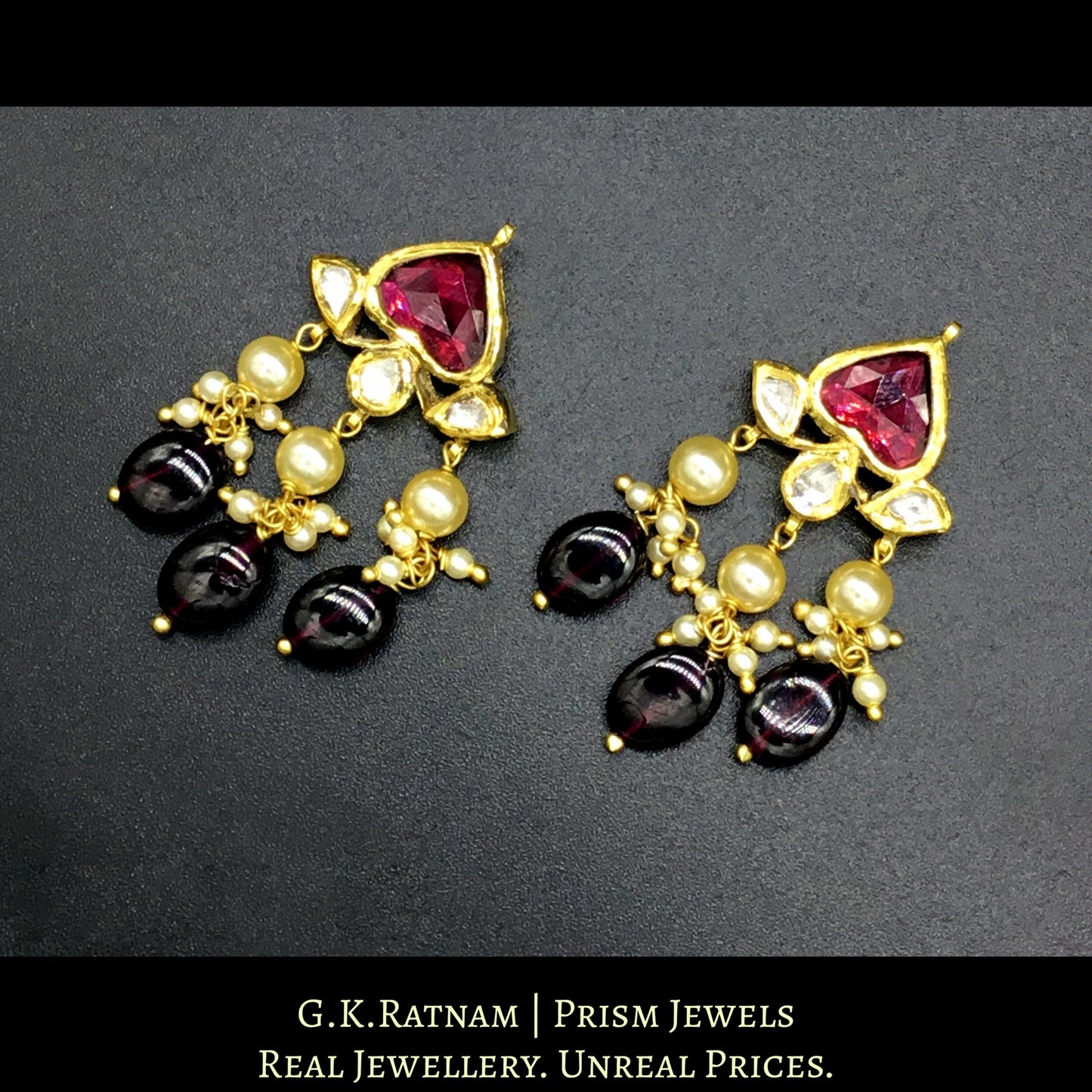 Traditional Gold and Diamond Polki heart-shaped Pendant Set with rhodolite center