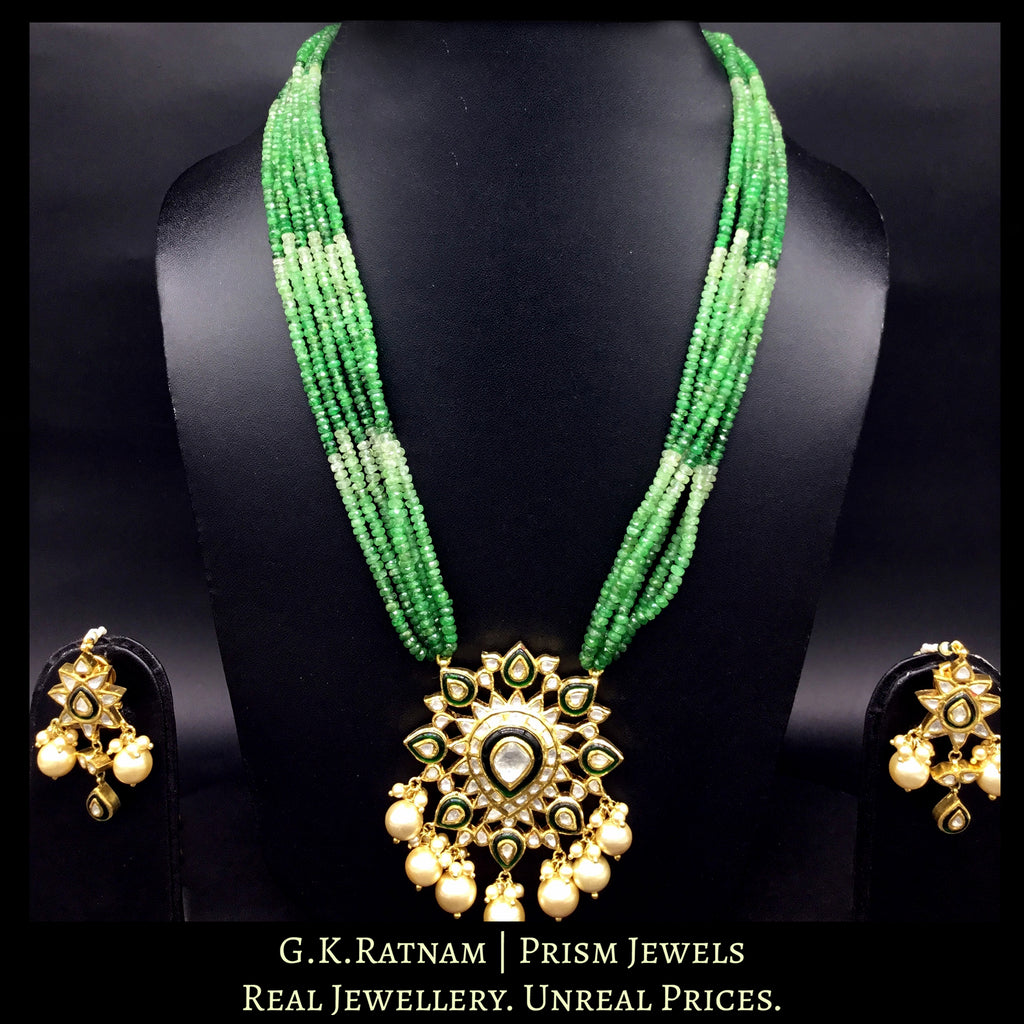 Traditional Gold and Diamond Polki star-shaped green Pendant Set strung with Shaded Tsavorites