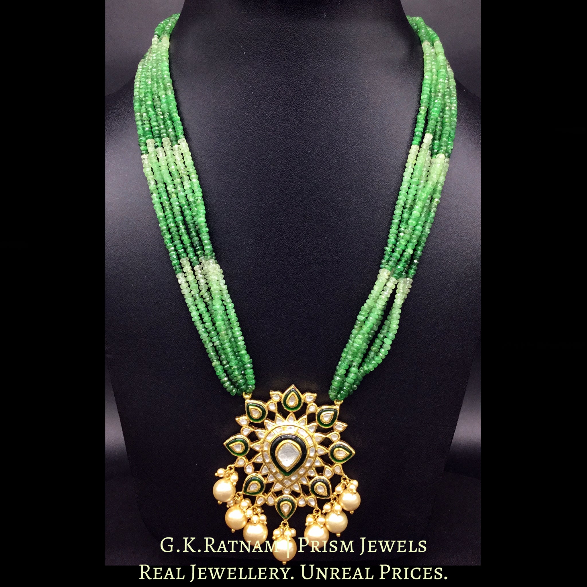 Traditional Gold and Diamond Polki star-shaped green Pendant Set strung with Shaded Tsavorites