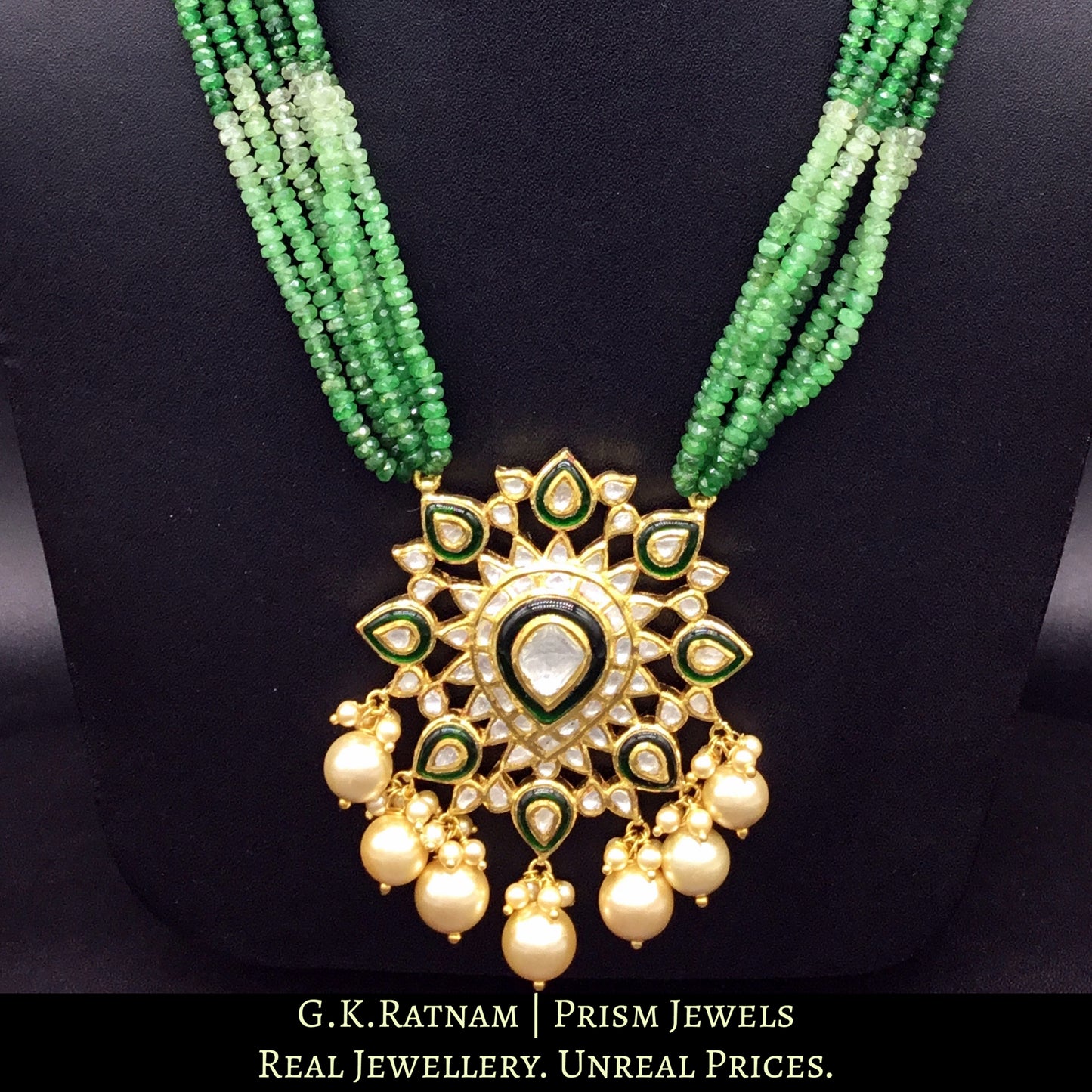 Traditional Gold and Diamond Polki star-shaped green Pendant Set strung with Shaded Tsavorites