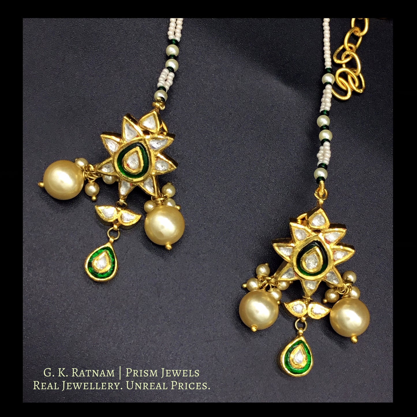 Traditional Gold and Diamond Polki star-shaped green Pendant Set strung with Shaded Tsavorites