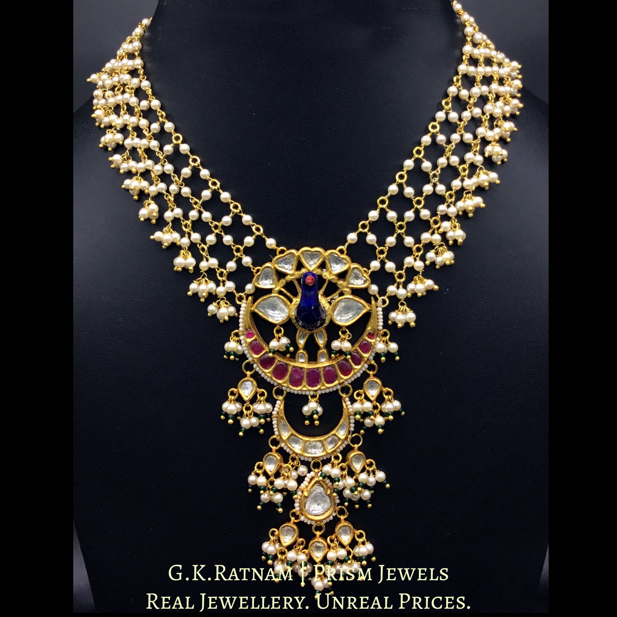 22k Gold and Diamond Polki Peacock Pendant with lustrous pearls strung in a mesh