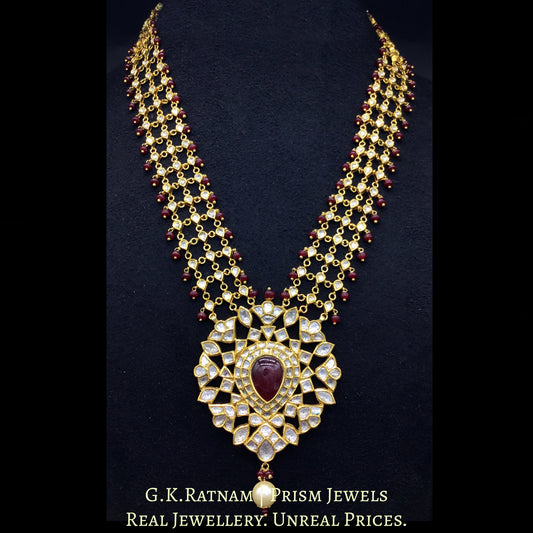 18k Gold and Diamond Polki ruby center Pendant Set with uncut pears strung in Patrihaar / Ranihaar style