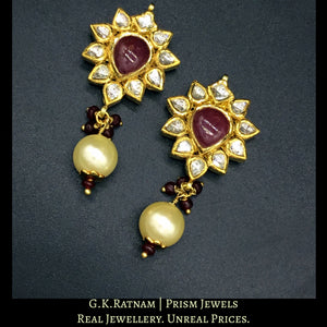 18k Gold and Diamond Polki ruby center Pendant Set with uncut pears strung in Patrihaar / Ranihaar style