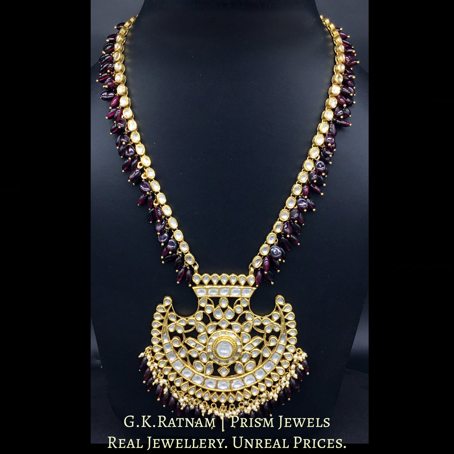 18k Gold and Diamond Polki Pankhi (fan) Pendant Set with Natural Mozambique Garnets - G. K. Ratnam