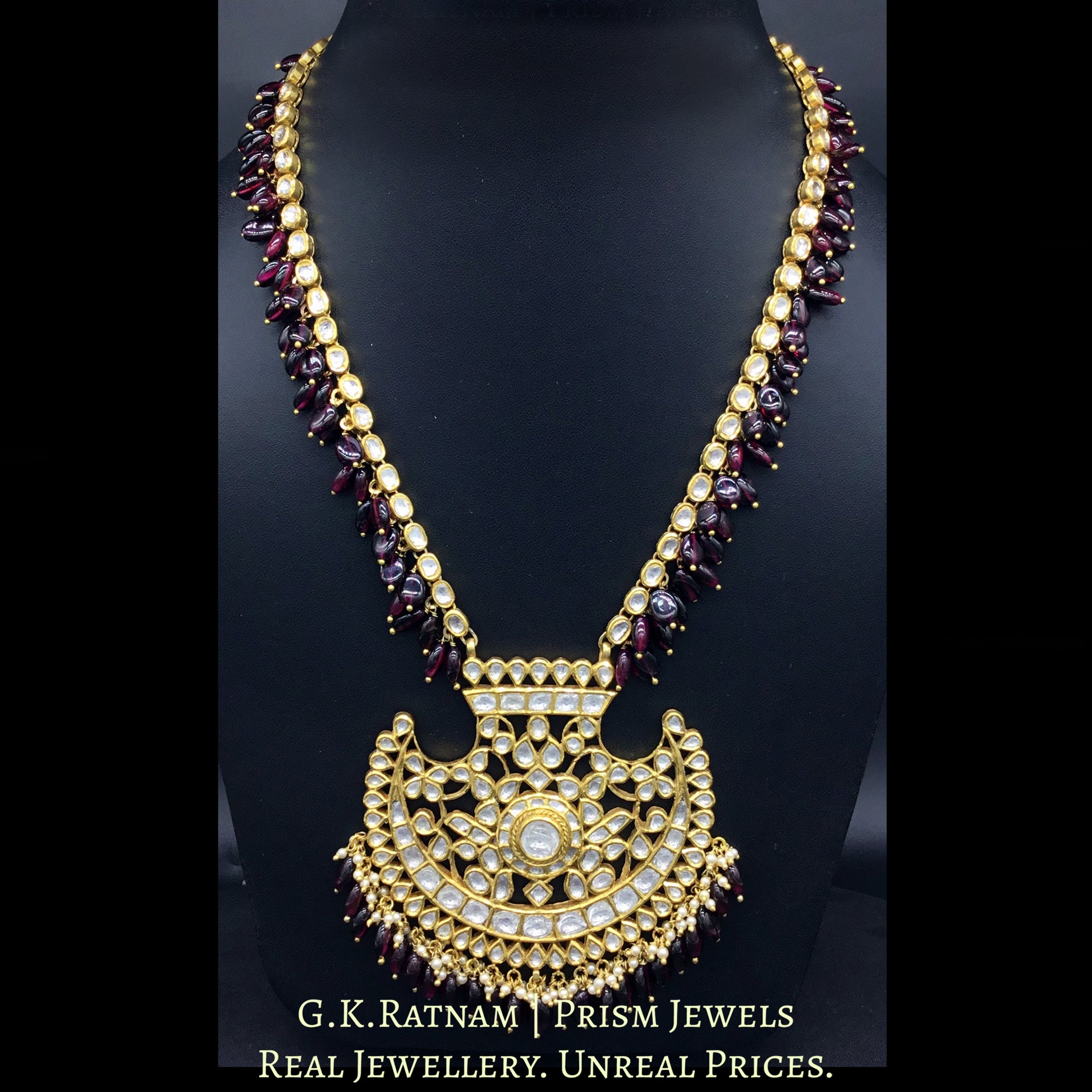 18k Gold and Diamond Polki Pankhi (fan) Pendant Set with Natural Mozambique Garnets - G. K. Ratnam