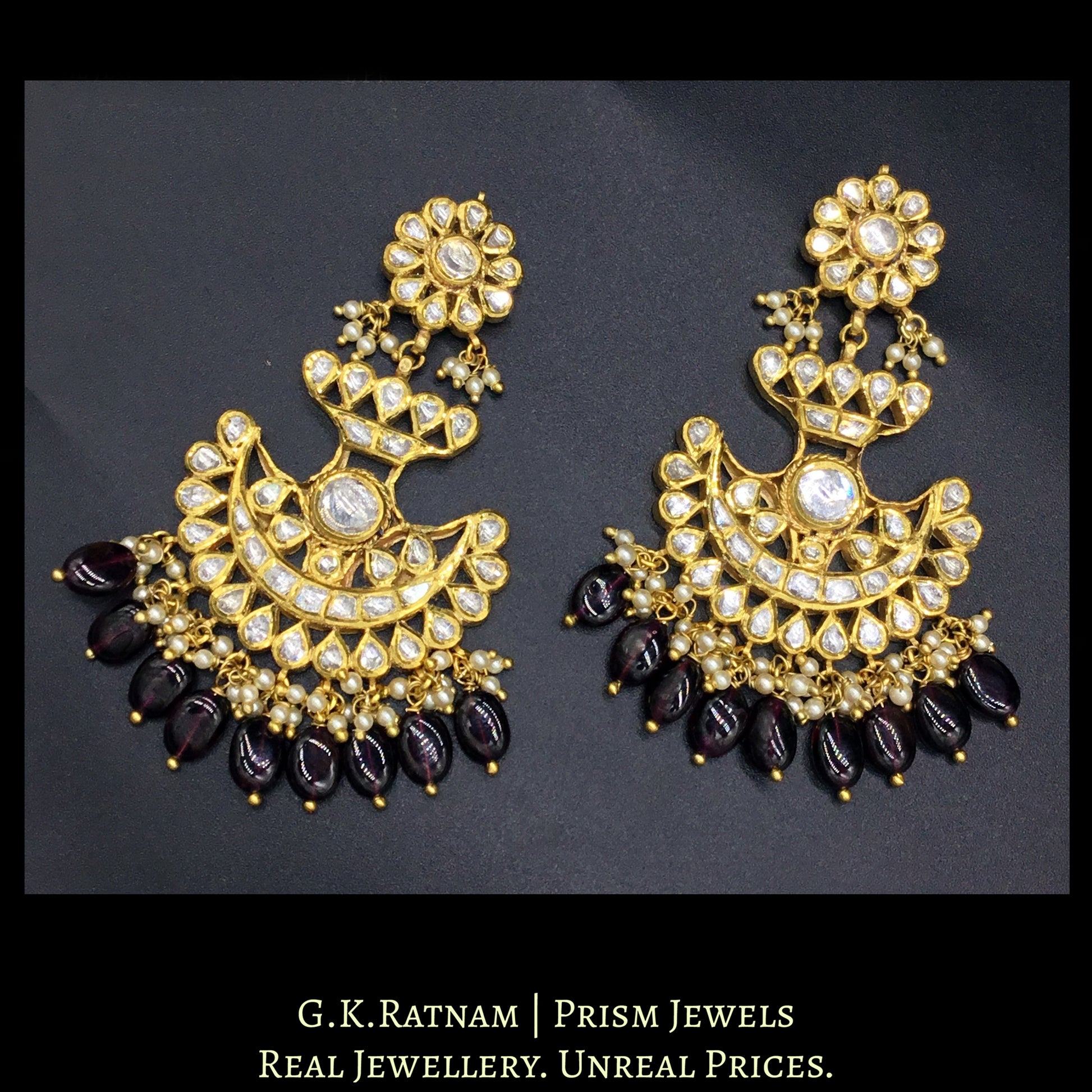 18k Gold and Diamond Polki Pankhi (fan) Pendant Set with Natural Mozambique Garnets - G. K. Ratnam