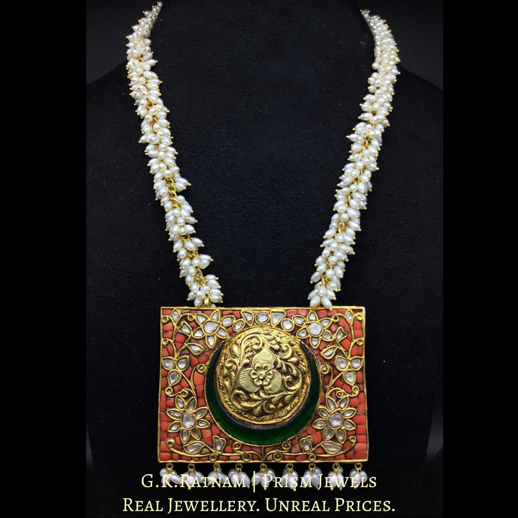 18k Gold and Diamond Polki rectangle Coral Pendant with Natural Hyderabadi Pearls