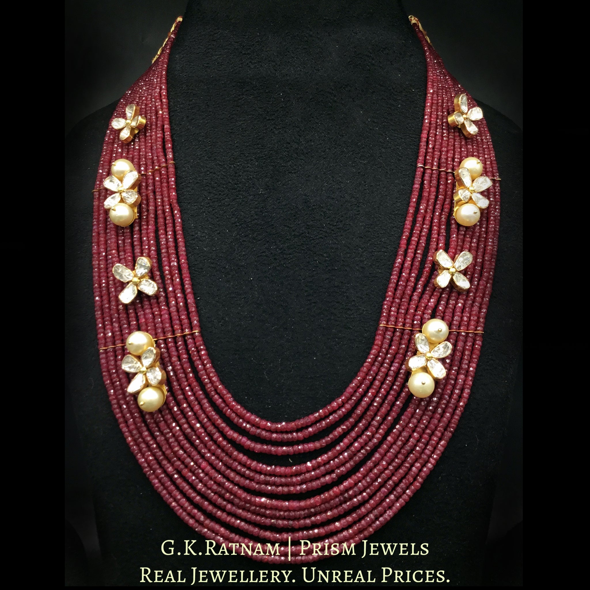 18k Gold and Diamond Polki Open Setting Broach Necklace with flowery pieces strung in ruby cut beads