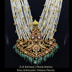 18k Gold and Diamond Polki south-style peacock Pendant with golden balls interspersed in Natural Hyderabadi Pearls