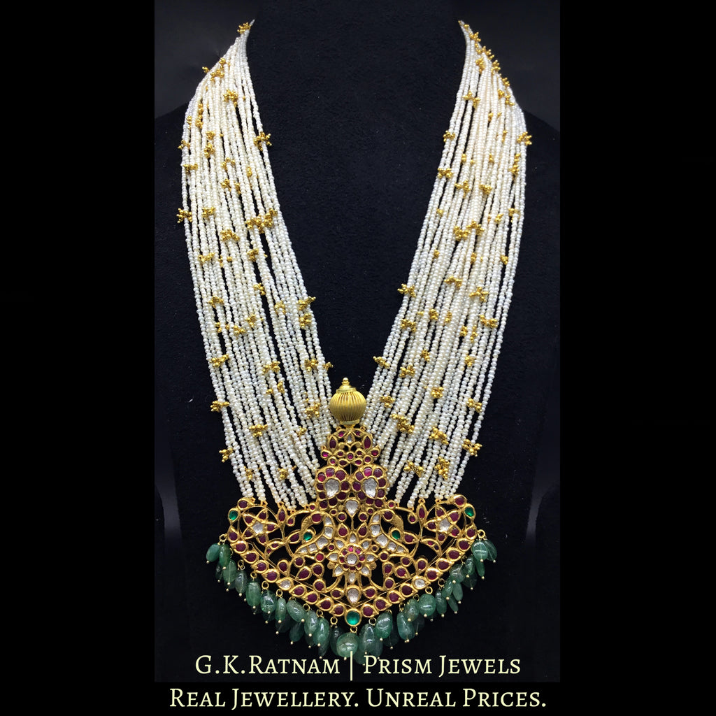 18k Gold and Diamond Polki south-style peacock Pendant with golden balls interspersed in Natural Hyderabadi Pearls