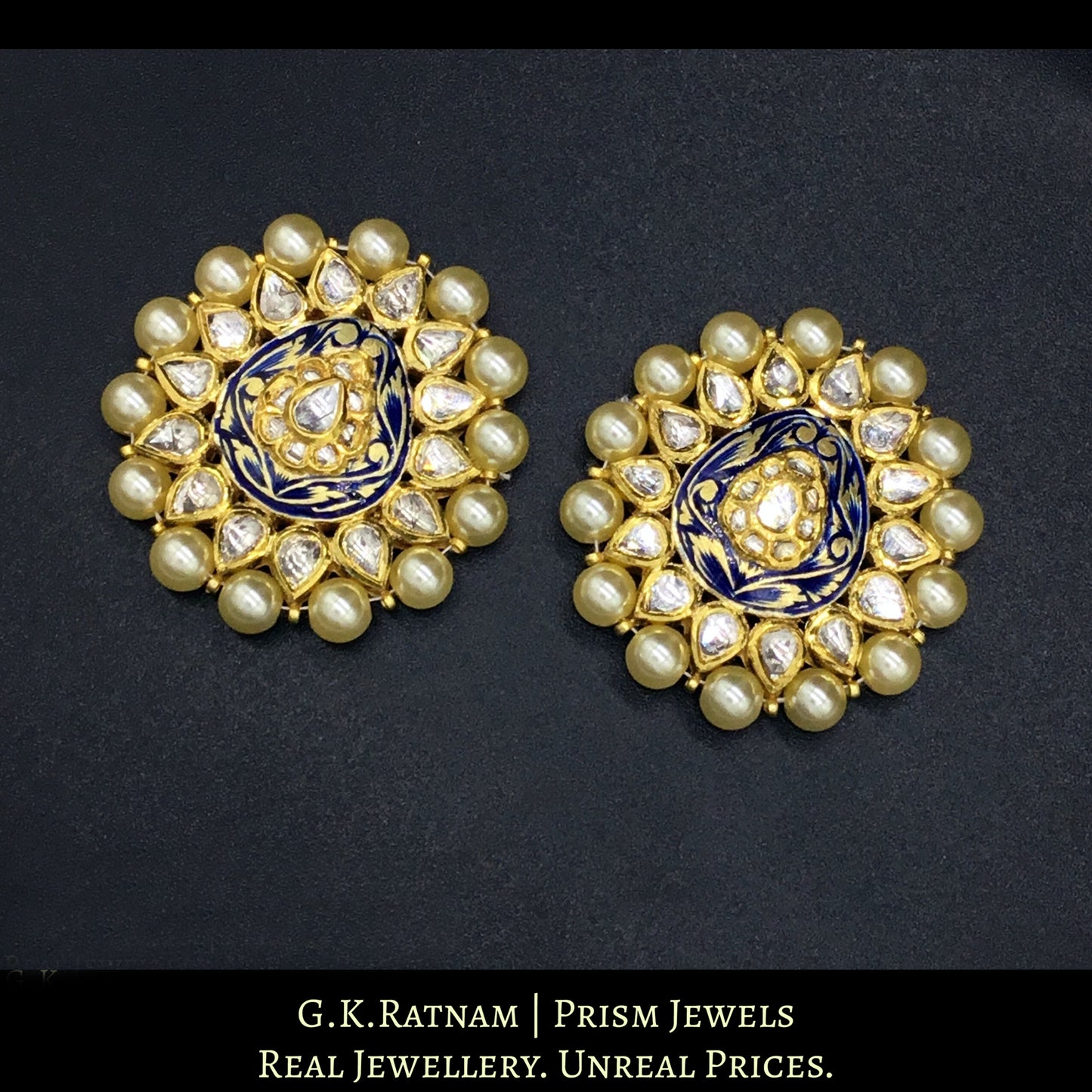 18k Gold and Diamond Polki Blue Enamel pear-shaped Pendant Set with chid bunches - G. K. Ratnam